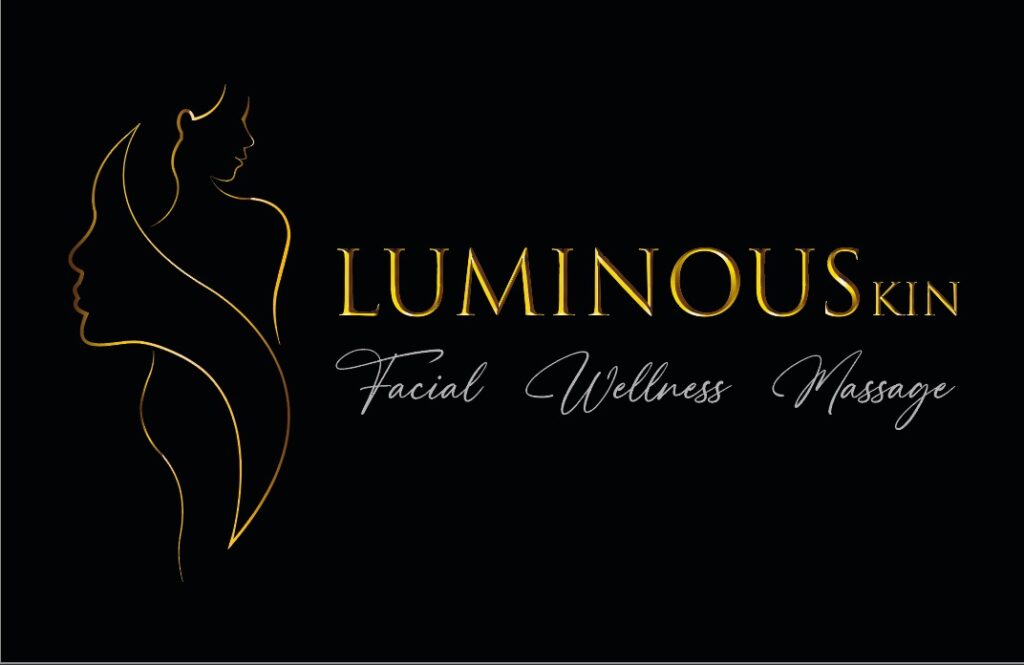 Groot Luminous Skin Facial Wellness Massage logo goud met zwart en vrouw lijnen